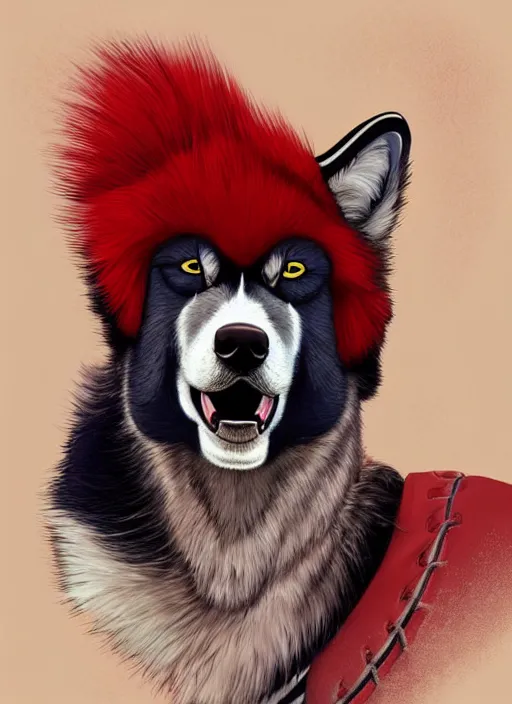 Image similar to commissioned full body portrait of a male anthro aslakan malamute with red fur playing baseball in a baseball stadium wearing a baseball uniform, by Kilian Eng, by Sandra Chevrier, trending on artstation