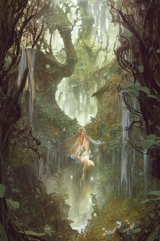 Prompt: a beautiful digital painting of an enormous fairy treehouse, crystal waterfall by greg rutkowski, gerald brom, marc simonetti, jean - baptiste monge, and alphonse mucha, symmetry, complementary colors, ink illustration, trending on artstation