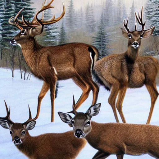 Prompt: a bunch of deer hunting a hunter, realistic, by national geographuc wild life