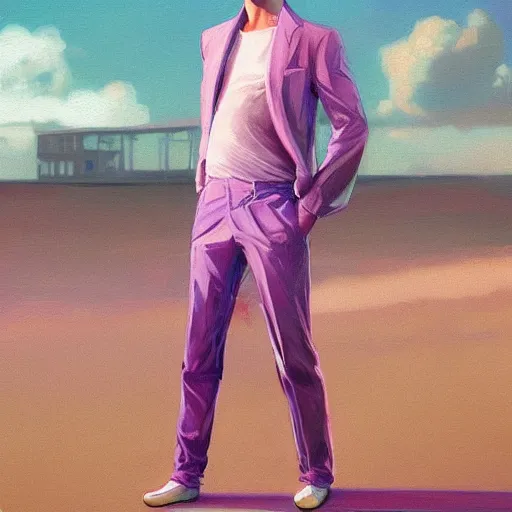Image similar to ryan gosling robotic clothes in the beach purple sun, dancing ballet, effeminate, pink lighting ultra realistic photorealistic highly detailed high quality, a stunningly, digital painting, artstation, concept art, smooth, sharp focus, illustration, art by artgerm and greg rutkowski and alphonse mucha 8 k