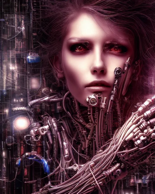 Image similar to portrait photo of an aesthetic biomechanical cyborg plugged into a quantum computer with cables and wires and optic fibers. cyberpunk horror style. art by luis royo. highly detailed 8 k. intricate. nikon d 8 5 0 5 5 mm. award winning photography.