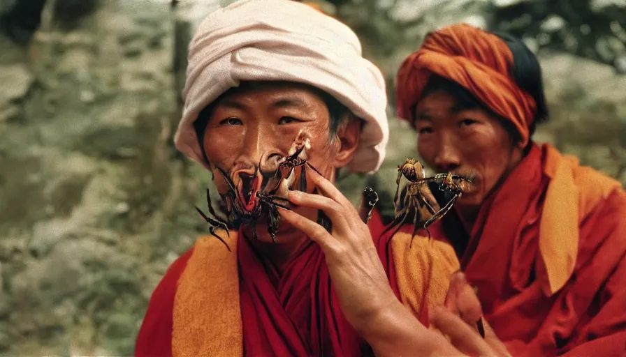 Image similar to 7 0 s movie still of a tibetan man with a spider in the mouth, cinestill 8 0 0 t 3 5 mm eastmancolor, heavy grain, high quality, high detail