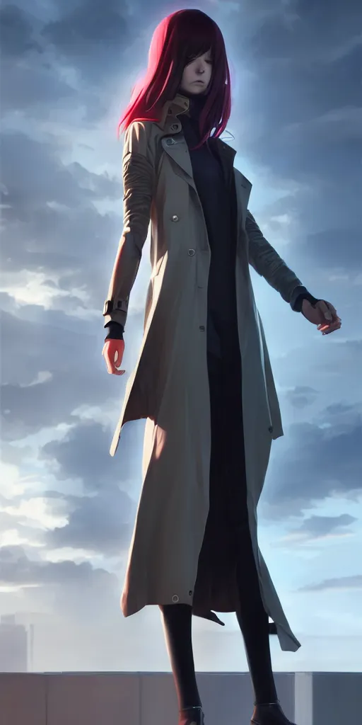 Image similar to realistic render of a cyborg - girl wearing a long trench coat by ross draws, futuristic dystopian city by ilya kuvshinov, digital anime art by ross tran, composition by sana takeda, lighting by greg rutkowski