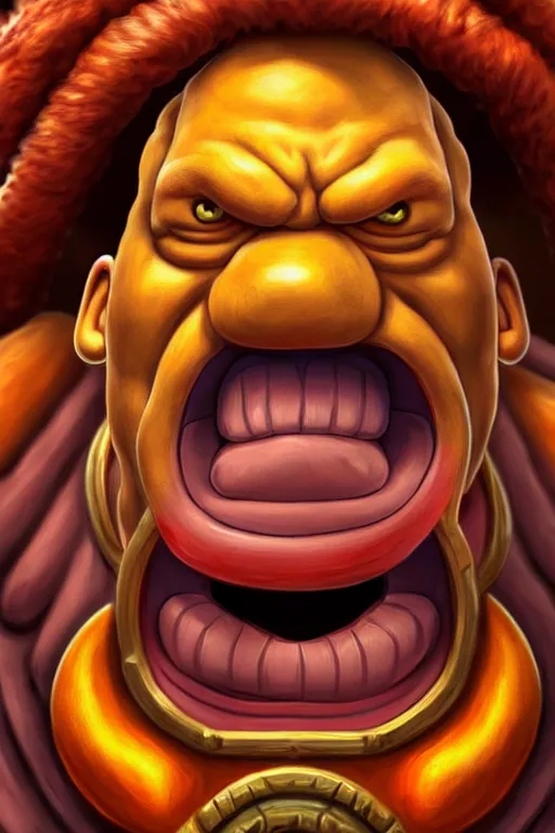 Image similar to a very detailed portrait of homer simpson mixed with garrosh hellscream from warcraft trending on artstation, digital art, 4 k, hyper realistic, splash art, sharp focus