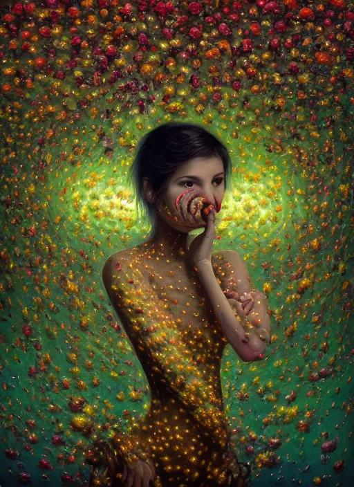 Image similar to hyper detailed 3d render like a Oil painting - Aurora (Singer) Eats of the Strangling Fruit of penance open eyes and Her Hands full of gossamer polyp blossoms bring iridescent fungal flowers whose spores black the foolish stars by Jacek Yerka, Mariusz Lewandowski, Houdini algorithmic generative render, Abstract brush strokes, Masterpiece, Edward Hopper and James Gilleard, Zdzislaw Beksinski, Mark Ryden, Wolfgang Lettl, hints of Yayoi Kasuma, octane render, 8k