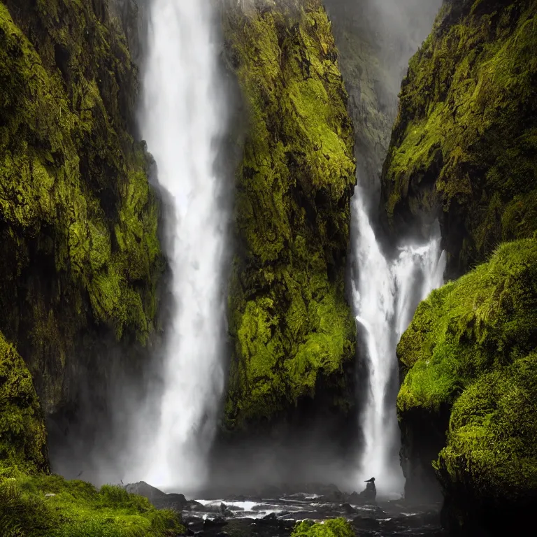 Prompt: dark and moody photo by ansel adams and wes anderson, a giant tall huge woman in an extremely long dress made out of waterfalls, standing inside a green mossy irish rocky scenic landscape, huge waterfall, volumetric lighting, backlit, atmospheric, fog, extremely windy, soft focus