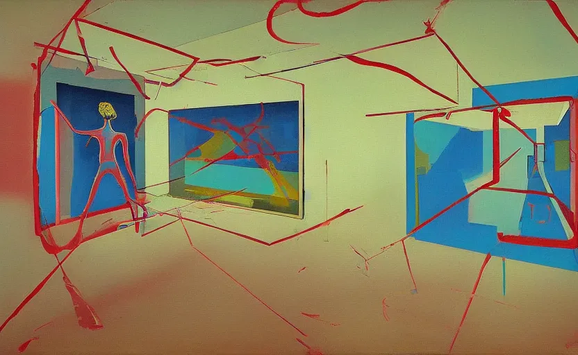 Prompt: an empty room in the style of constructivism, exhibition of paintings, trash bag on head, anaglyph filter, blurred, grotesque, doomed, neural acrylic paint, high resolution, gouache on canvas, ultra detailed, vibrant colors, grotesque, wrapped thermal background, slimey, art by francis bacon, by xcopy, beksinski painting
