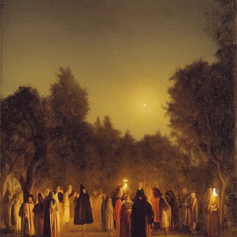 Image similar to A Holy Week procession of souls in a lush Spanish landscape at night. A figure at the front holds a cross. Petrus van Schendel.