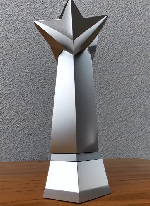 Image similar to ultra realistic, tall, reflective, very symmetrical, polyhedral, 3 d printed steel engineering trophy, 4 k, ultra realistic, highly detailed, epic lighting