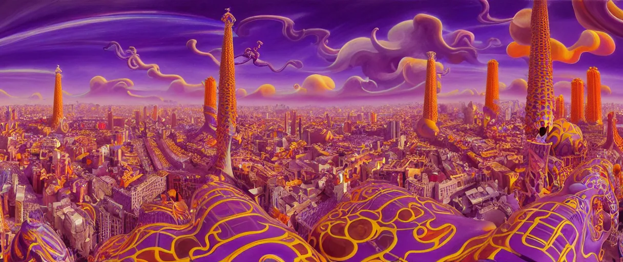 Image similar to hyper-ornate sky city of barcelona on giant orange and purple cyborg tentacles coming out of puffy clouds matte painting concept art alex grey kay sage sorayama cinematic soft red lighting high angle hd 8k sharp shallow depth of field