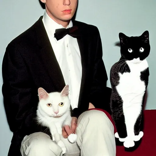 Prompt: Recovery-era Eminem holding a tuxedo cat, 80's style, photorealistic