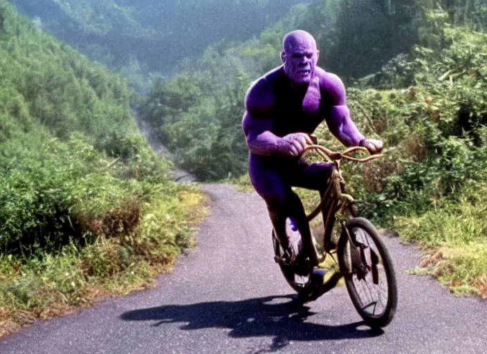 Prompt: film still of thanos as brand riding a very small bicycle down a steep mountain road in the goonies 1 9 8 5