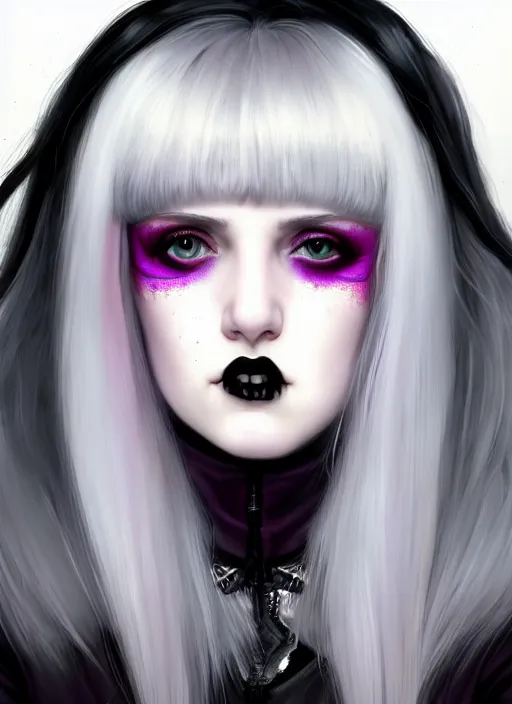 Image similar to portrait of white teenage girl, normal face, white bangs, mall goth, cyberlox, black and white hair, bangs, fluffy bangs, red contact lenses, purple lipstick, intricate, elegant, highly detailed, digital painting, artstation, concept art, sharp focus, smooth, illustration, art by wlop, mars ravelo and greg rutkowski