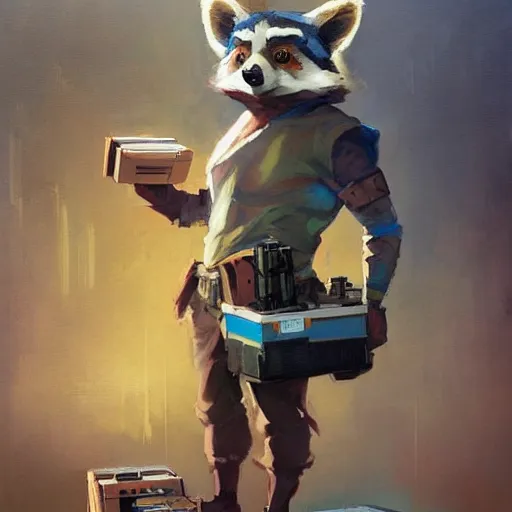 Image similar to greg manchess painting of a trash panda character, holding a box of cables and standing next to old electronic equiptment, medium shot, asymmetrical, profile picture, organic painting, sunny day, matte painting, bold shapes, hard edges, street art, trending on artstation, by huang guangjian and gil elvgren and sachin teng