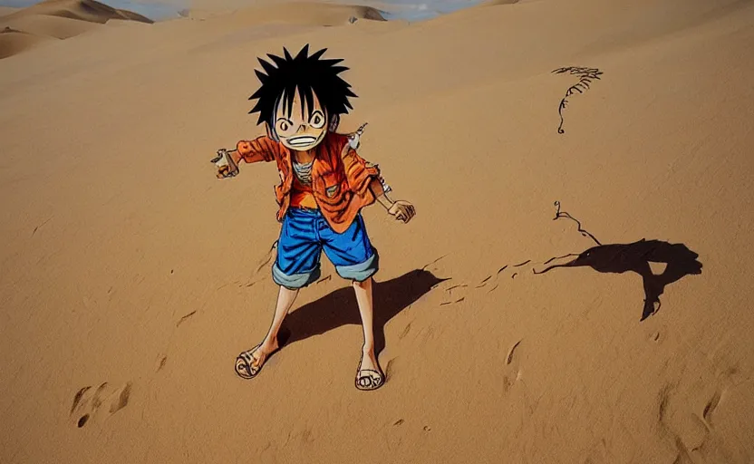 Image similar to a luffy in sand dunes, photography by kim jung gi