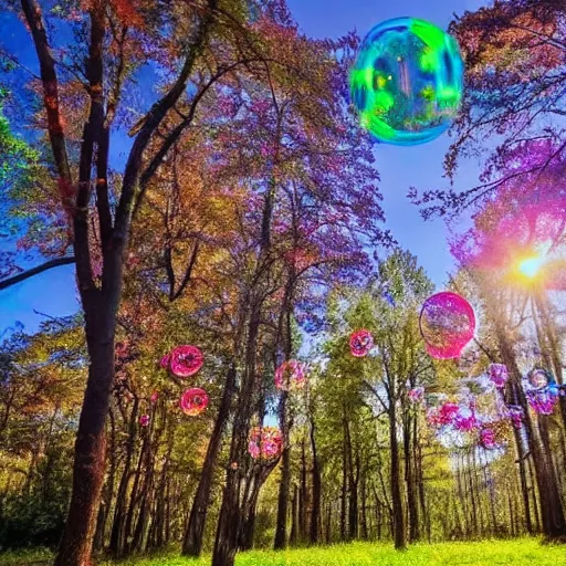 Prompt: a magical forest plenty of bubbles on the sky with colorful leaves and the most green grass in a peaceful ambient