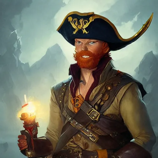 Image similar to handsome charming ginger rogue with large pointed ears, wearing a tricorne pirate captain hat, naval background, portrait, stunning award-winning art by Greg Rutkowski