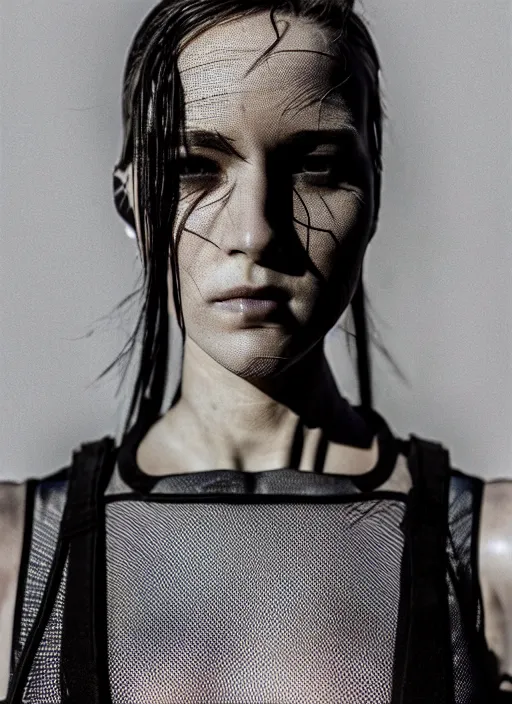 Image similar to cinestill 5 0 d photographic portrait of loving female androids wearing rugged black mesh techwear in a desolate american city, extreme closeup, modern cyberpunk, dust storm, 8 k, hd, high resolution, 3 5 mm, f / 3 2, ultra realistic faces, ex machina