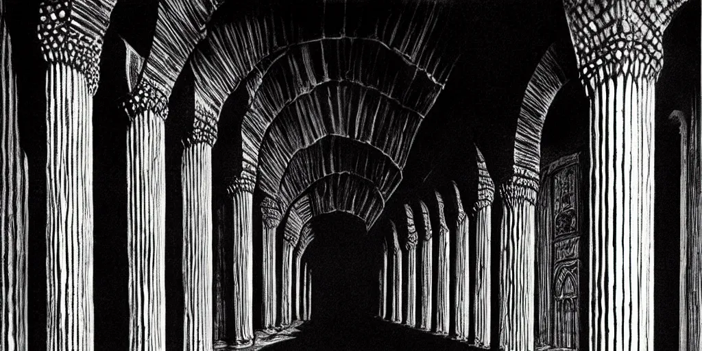 Image similar to balrog in the great hall of moria, columns along both sides of the great hall, style of h. r. giger, dark, cinematic