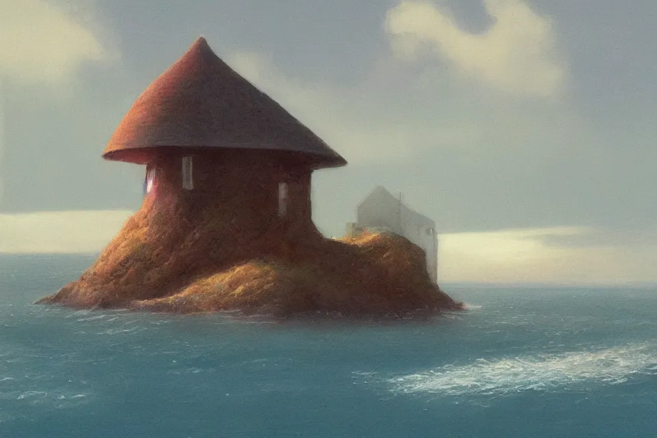 Prompt: seashell shaped house, lone fisherman, in the style of john harris and moebius