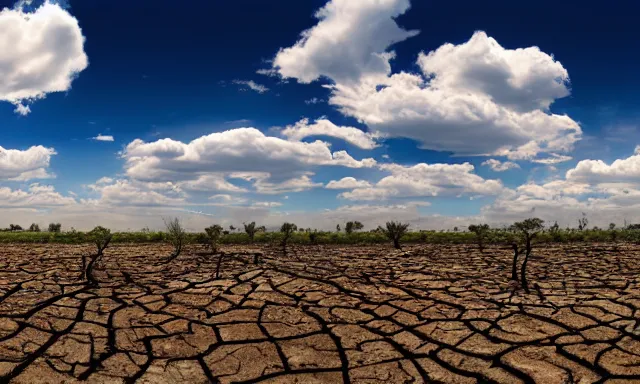 Image similar to panorama of big raindrops flying upwards into the perfect cloudless blue sky from a dried up river in a desolate land, dead trees, blue sky, hot and sunny highly-detailed, elegant, dramatic lighting, artstation, 4k, cinematic landscape, photograph by National Geographic