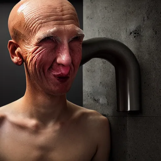 Image similar to photograph of a man with a urinal head begging for food, 8k resoloution, high detail, ULTRA REALISTIC VFX, reflections