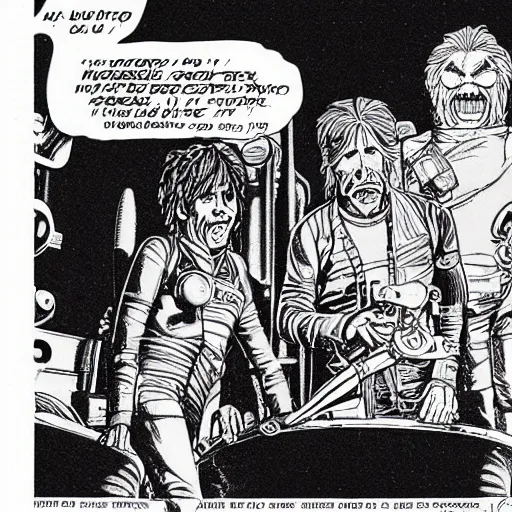 Prompt: scruffy punk starship crew in engine room of nostromo, extraterrestrials, alien 1 9 7 9, ron cobb, jim henson creature shop, mike mignogna, highly detailed, comic book, science fiction, used future