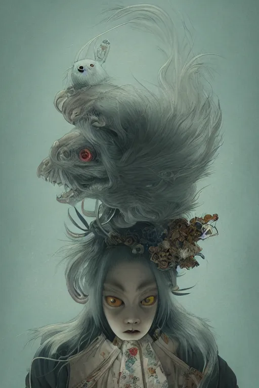 Prompt: a portrait of a japanese ghost yokai animal illustrated by miyazaki by karol bak, james jean, tom bagshaw, rococo, sharp focus, trending on artstation, cinematic lighting, hyper realism, octane render, 8 k, hyper detailed, vivid, ultra detailed, highly detailed