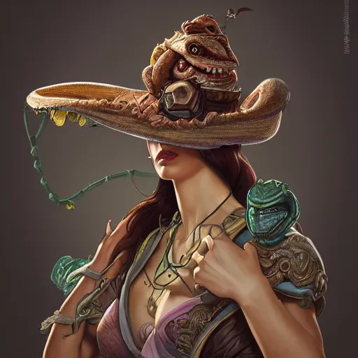 Image similar to an anthropomorphic chameleon wearing a 10-gallon hat, full body portrait, wide angle, D&D, fantasy, intricate, elegant, highly detailed, digital painting, artstation, concept art, matte, sharp focus, illustration, hearthstone, art by Artgerm and Greg Rutkowski and Alphonse Mucha