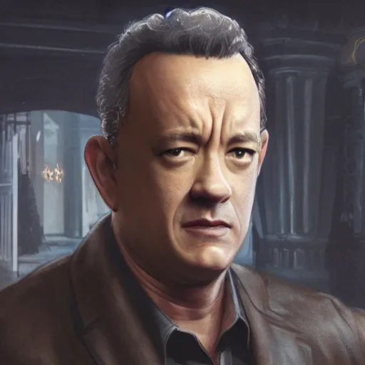 Image similar to a highly detailed matte portrait of tom hanks as a sam fischer, spy novel by tom clancy, unreal engine, volumetric lighting, exquisite detail, 8 k, art by greg rutkowski and alphonse mucha