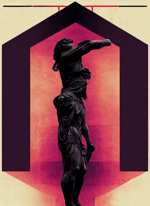 Image similar to elegant dark design poster showing a large greco roman statue, black background with very subtle red and purple design elements, bold, powerful, nekro, vito acconci, thin straight purple lines, dark, glitch art, neo vaporwave, gritty, layout frame, square, trending on artstation