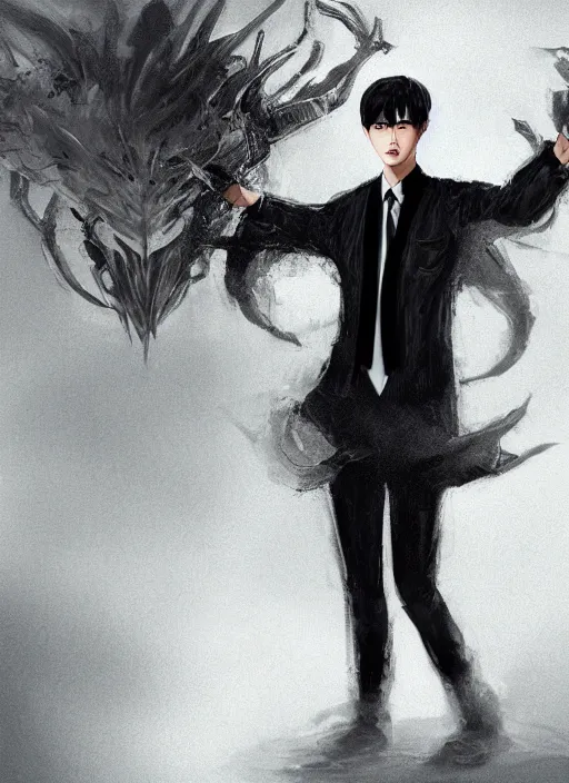 Image similar to a highly detailed illustration of attractive korean man with bowl cut black hair wearing shirt and tie with giant black claws, wielding giant black fog claws pose, tired expression, foggy black mist surrounding background, intricate, elegant, highly detailed, centered, digital painting, artstation, concept art, smooth, sharp focus, league of legends concept art, wlop.