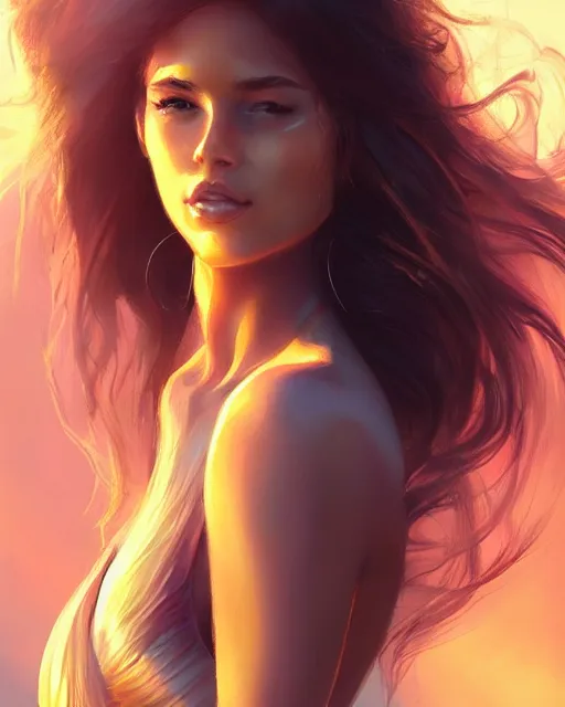 Image similar to summer vibes, beautiful sun tanned goddess portrait, flowy sunkissed hair, sun, summer, cinematic lighting, highly detailed, digital painting, trending on artstation, pixiv, concept art, sharp focus, illustration, art by ross tran and wlop