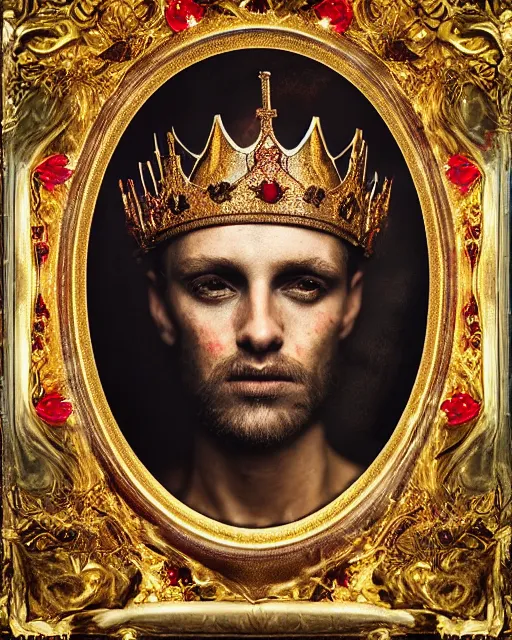 Image similar to 'Portrait of Crowned King Arthur' by Lee Jeffries royally decorated, whirling plasma, atmospheric motes, red and gold Sumptuous garb, gilt silk fabric, radiant colors, fantasy, perfect lighting, studio lit, micro details,