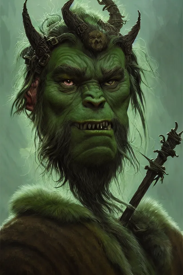 Image similar to portrait of a druidic green mountain orc, looking at camera, d & d, savage warrior, fur attire, aztec hair, large noses, intricate, fantasy, extremely detailed, digital painting, artstation, concept art, smooth, sharp focus, illustration, ambient lighting, art by artgerm and greg rutkowski and alphonse mucha and simon stalenhag