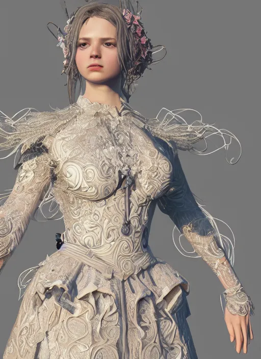 Image similar to detailed full body concept art illustration of a princess in intricately designed clothing, ultra detailed, digital art, octane render, dystopian, micro detail, 4k