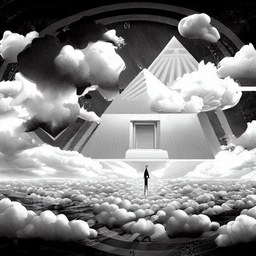 Image similar to A black and white freemasonic chequered surrealist digital painting of a stairway to into the clouds in the art style of jeff koons, Gilbert williams, Edwin Frederic Church and Christopher Balaskas, trending on artstation, 4k UHD