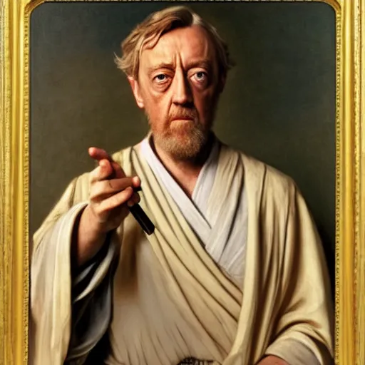 Image similar to Painting of Sir Alec Guinness as Obi-Wan Kenobi. Art by william adolphe bouguereau. During golden hour. Extremely detailed. Beautiful. 4K. Award winning.