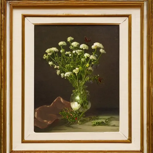 Prompt: a medium-shot neat still life with messy wild clover and thyme bouquet, in a short round glass vase, studio lightning, oil painting, 18th century, framed