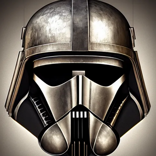 Prompt: bust portrait of a knight, high detail, silver, steel, helmet, ornate decoration, gold trim, storm trooper, tubes, pipes, valves, clock work, diffused lighting, runic etching, mandalorian, darth revan, star wars, octane, unreal 5
