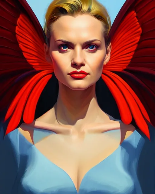 Image similar to 3 / 4 longshot of portrait of a beautiful powerful woman with wings, digital painting, artstation, concept art, smooth, sharp focus, illustration, disney tyle, symmetry face, fine details. art by alex ross, brittney lee