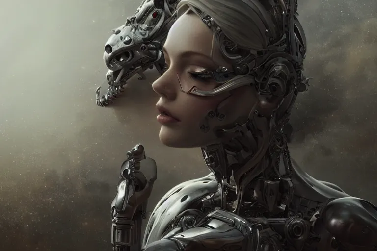 Image similar to ultra realistic, beautiful cyborg woman, eyes closed, sci-fi, fantasy, mythical, intricate, elegant, highly detailed, digital painting, octane render, substance painter, zbrush, artstation, concept art, smooth, sharp focus, eerie, illustration, 8k, HD, art by artgerm and greg rutkowski and raphael