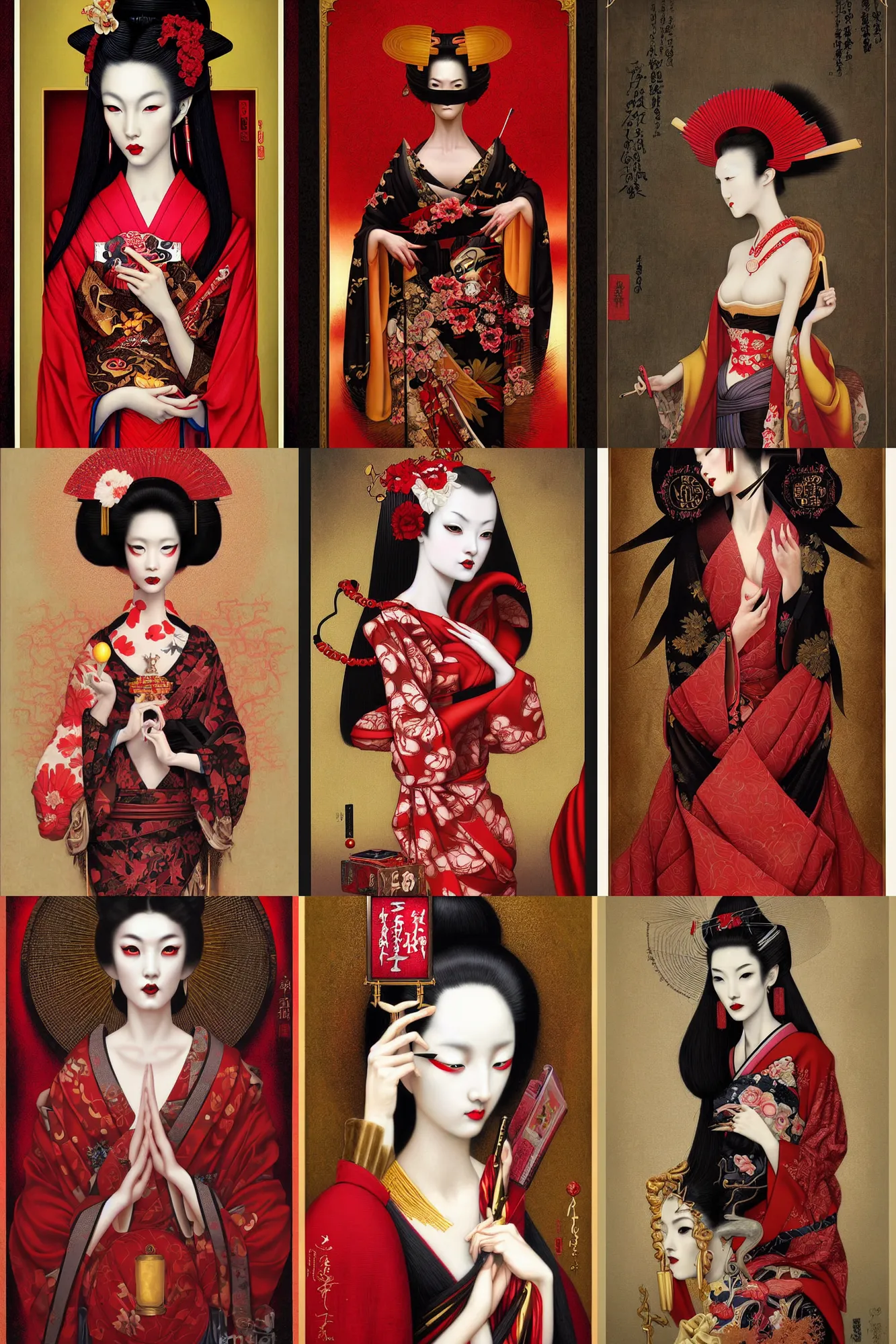Prompt: digital painting of a geisha with a long neck by tom bagshaw, ayami kojima, mark ryden in the style of thoth tarot card, red, gold black