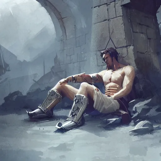 Image similar to 'A human male paladin in chainmail is resting after a fight, art by Greg Rutkowski, 4k'