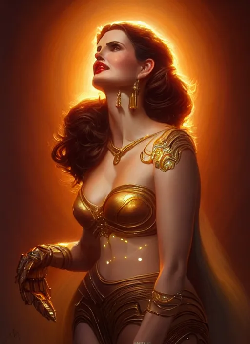 Image similar to geena davis as hera, intricate, elegant, glowing lights, highly detailed, digital painting, artstation, glamor pose, concept art, smooth, sharp focus, illustration, art by artgerm and greg rutkowski, artey freytag