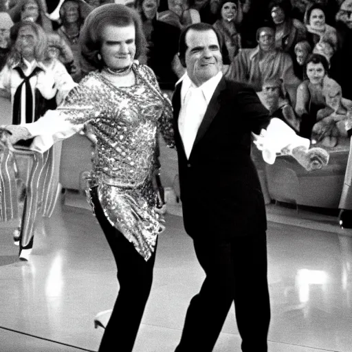 Image similar to Richard Nixon in 70s disco fashion dancing in the show Soul Train 1971