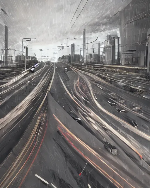 Image similar to freeway at night, light from traffic in the city beyond, unreal engine, hyperrealism, realistic shading, cinematic composition, realistic render, octane render, detailed textures, by liam wong and makoto shinkaismoothed : symmetrical fractal pattern, collection of cells, artwork for creative design, art and entertainment