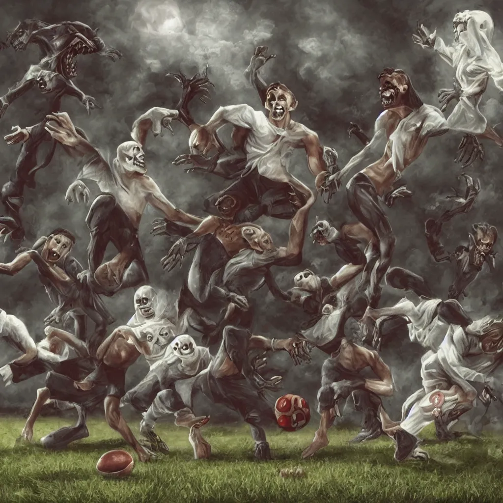 Prompt: a ghost, an alien, a werewolf and a vampire playing football together, lowbrow, surealistic, hd