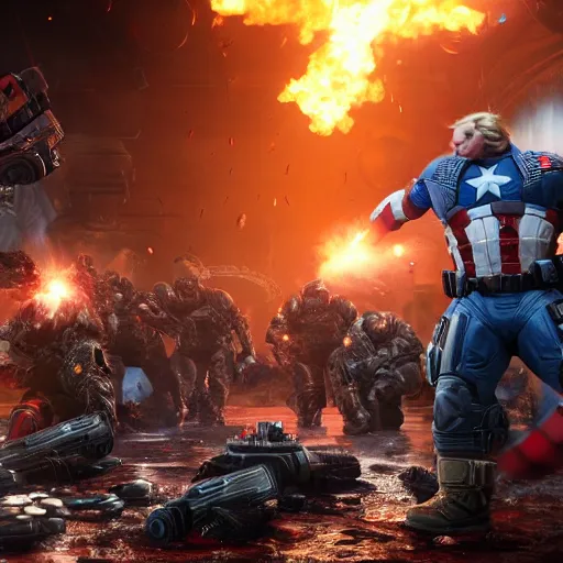 Image similar to Portrait! of President Donald Trump as ((captain america)) in Gears of War, splash art, movie still, cinematic lighting, dramatic, octane render, long lens, shallow depth of field, bokeh, anamorphic lens flare, 8k, hyper detailed, 35mm film grain