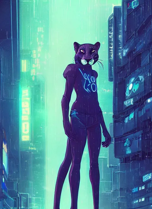 Prompt: beautiful portrait commission of a female furry anthro mountain lion wearing casual clothes. Cyberpunk city at night in the rain. Neon light. Atmospheric. Character design by charlie bowater, ross tran, artgerm, and makoto shinkai, detailed, inked, western comic book art